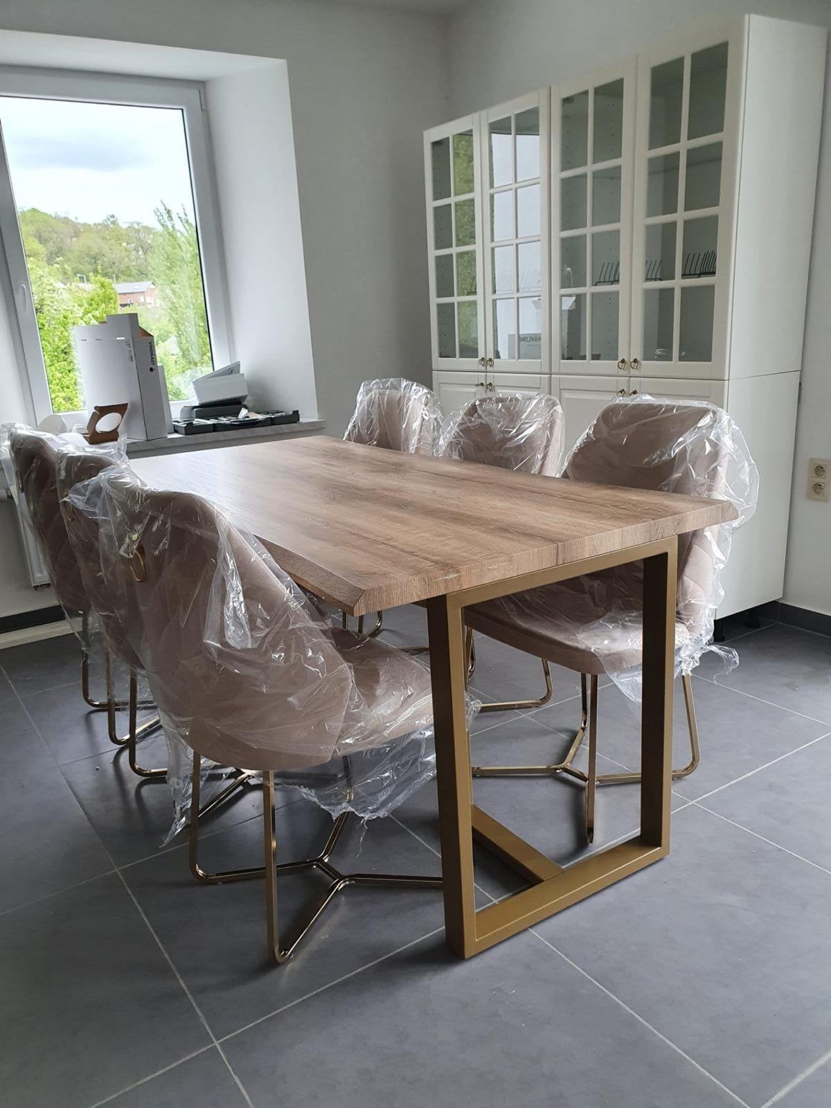 Table à manger avec 6 chaises beige en velour, Enlèvement, Comme neuf, Beige