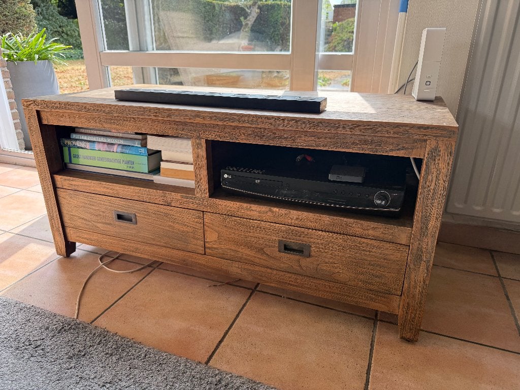 Tv-meubel in massief teak, Ophalen, Gebruikt, 100 tot 150 cm, Teakhout