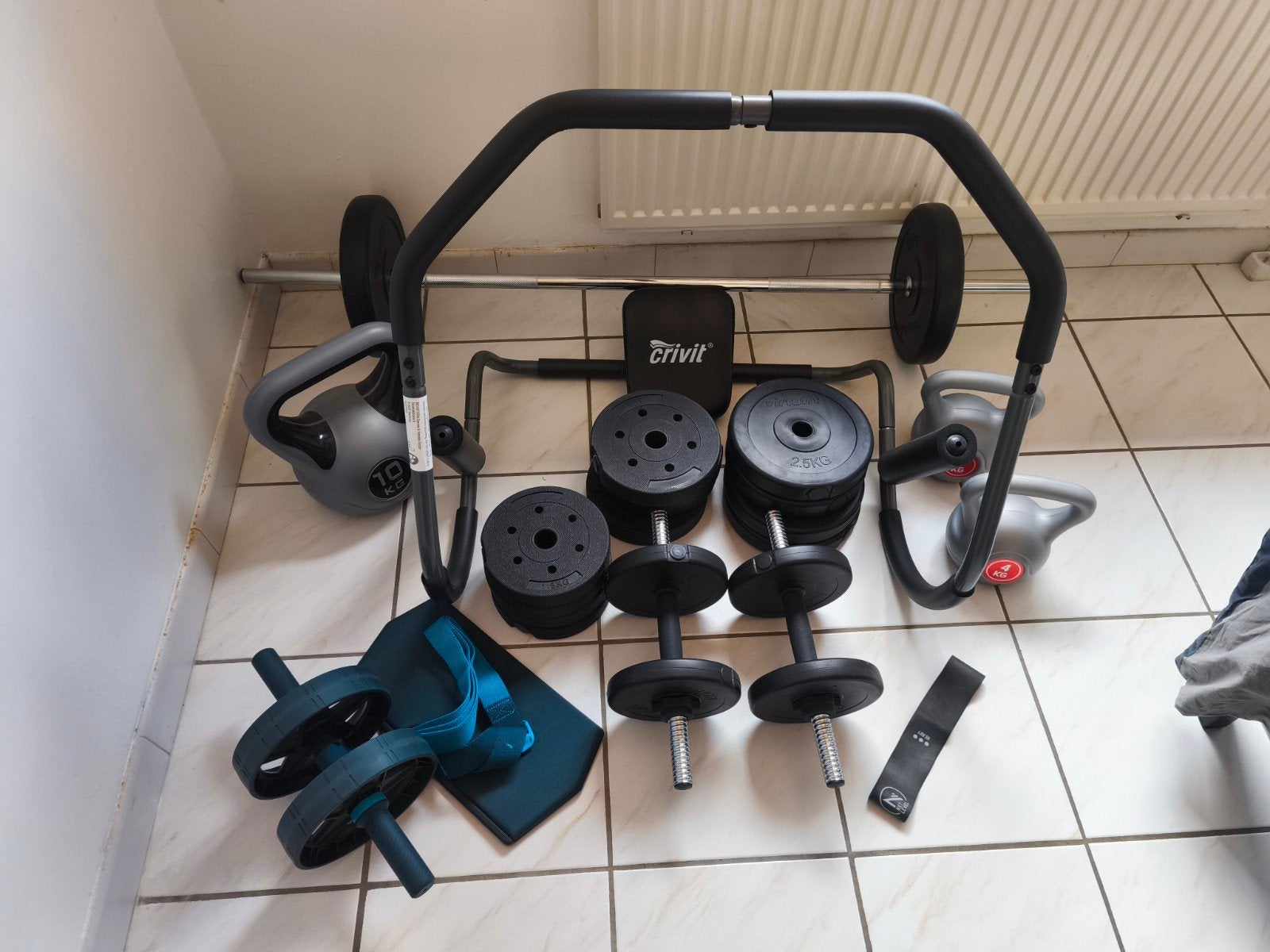 Lot complet musculation fitness, Haltères, Barre, poids, Sports & Fitness, Enlèvement, Comme neuf, Haltère