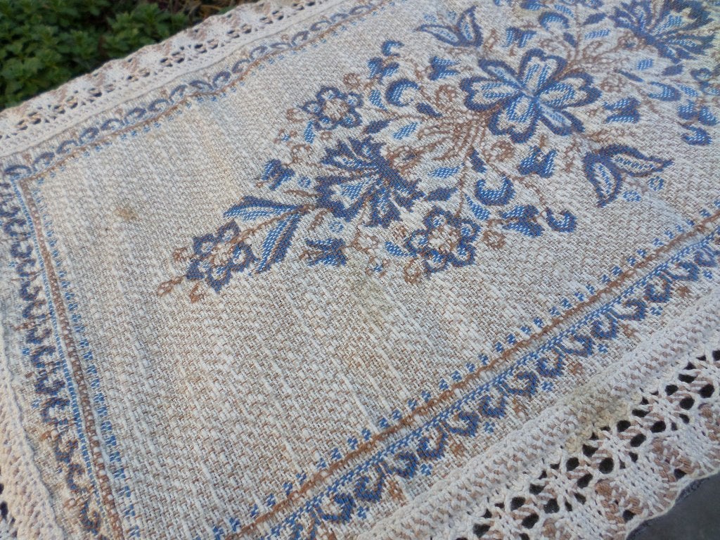 Placemat blauw beige 50x25 linnen katoen kant, Huis en Inrichting, Afwasbaar, Gebruikt, Blauw, 25 cm