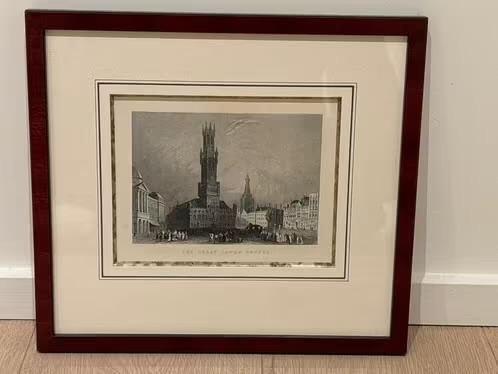 Gravure Halletoren en Markt Brugge (Bartlett), Antiek en Kunst, Ophalen of Verzenden