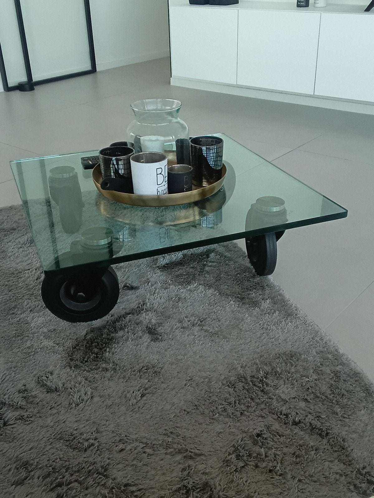 glazen salon tafel met wielen, Ophalen, Gebruikt, Glas