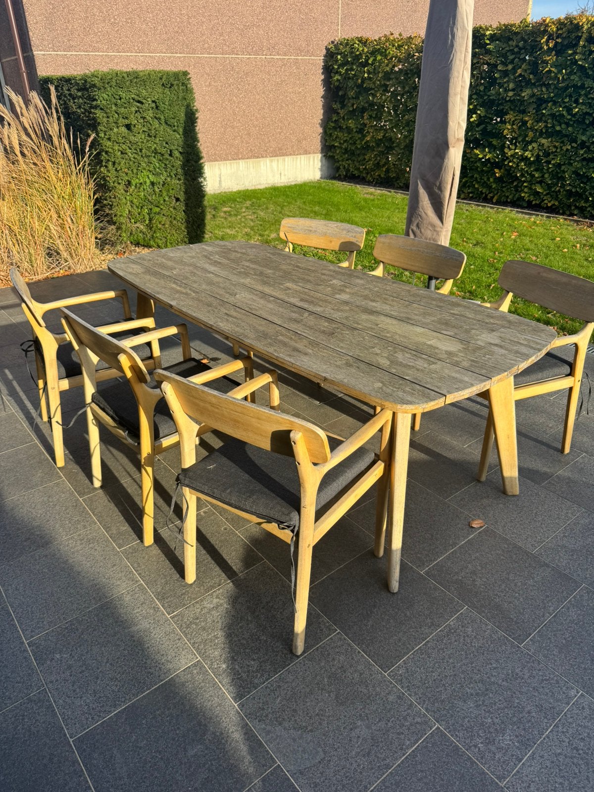 Houten tuintafel met 6 stoelen, Tuin en Terras, Ophalen, Gebruikt, Ovaal, Hout