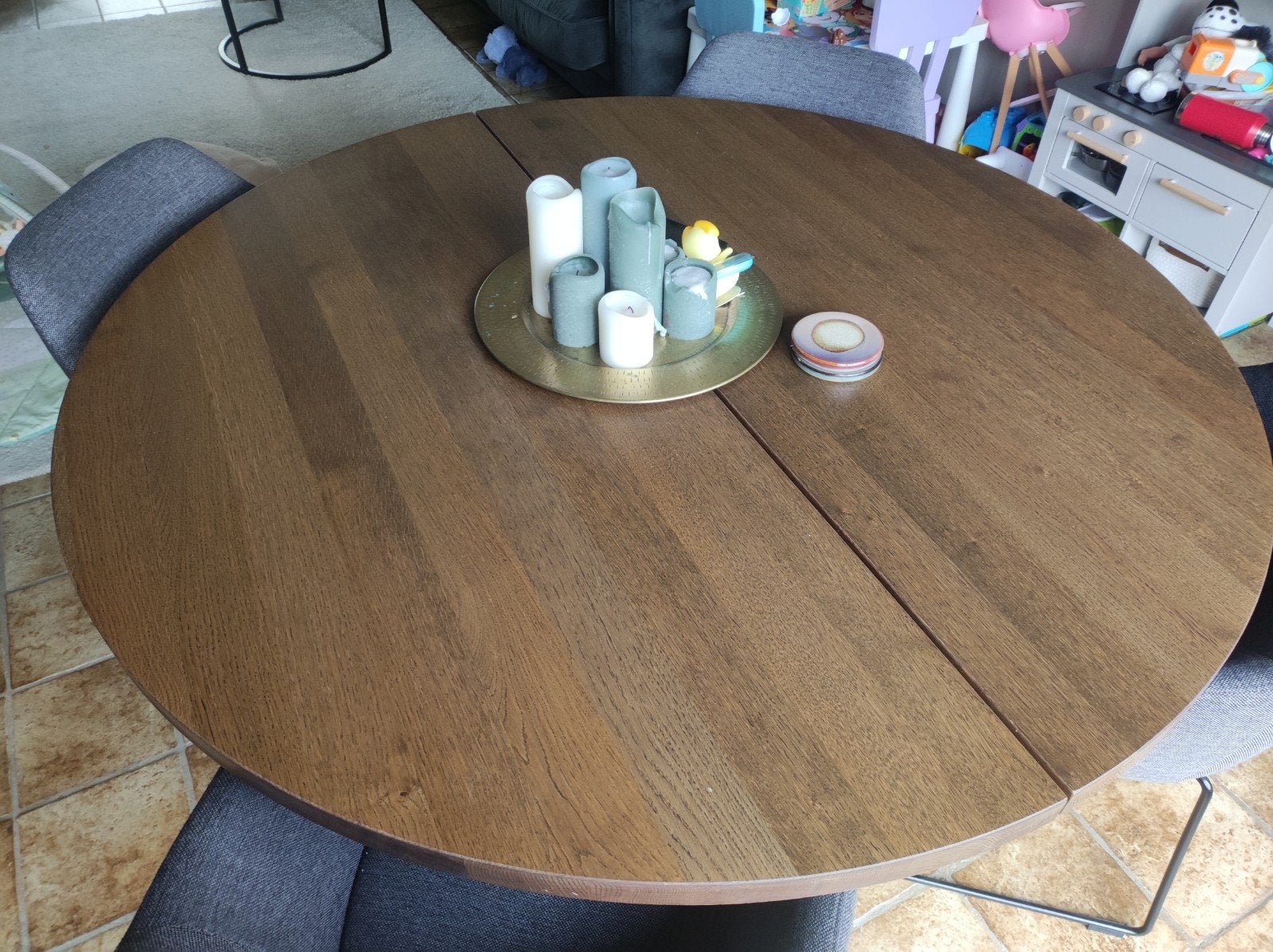 Ronde tafel 150doorsnee+4 stoelen, Ophalen, Eikenhout, 150 tot 200 cm, Rond