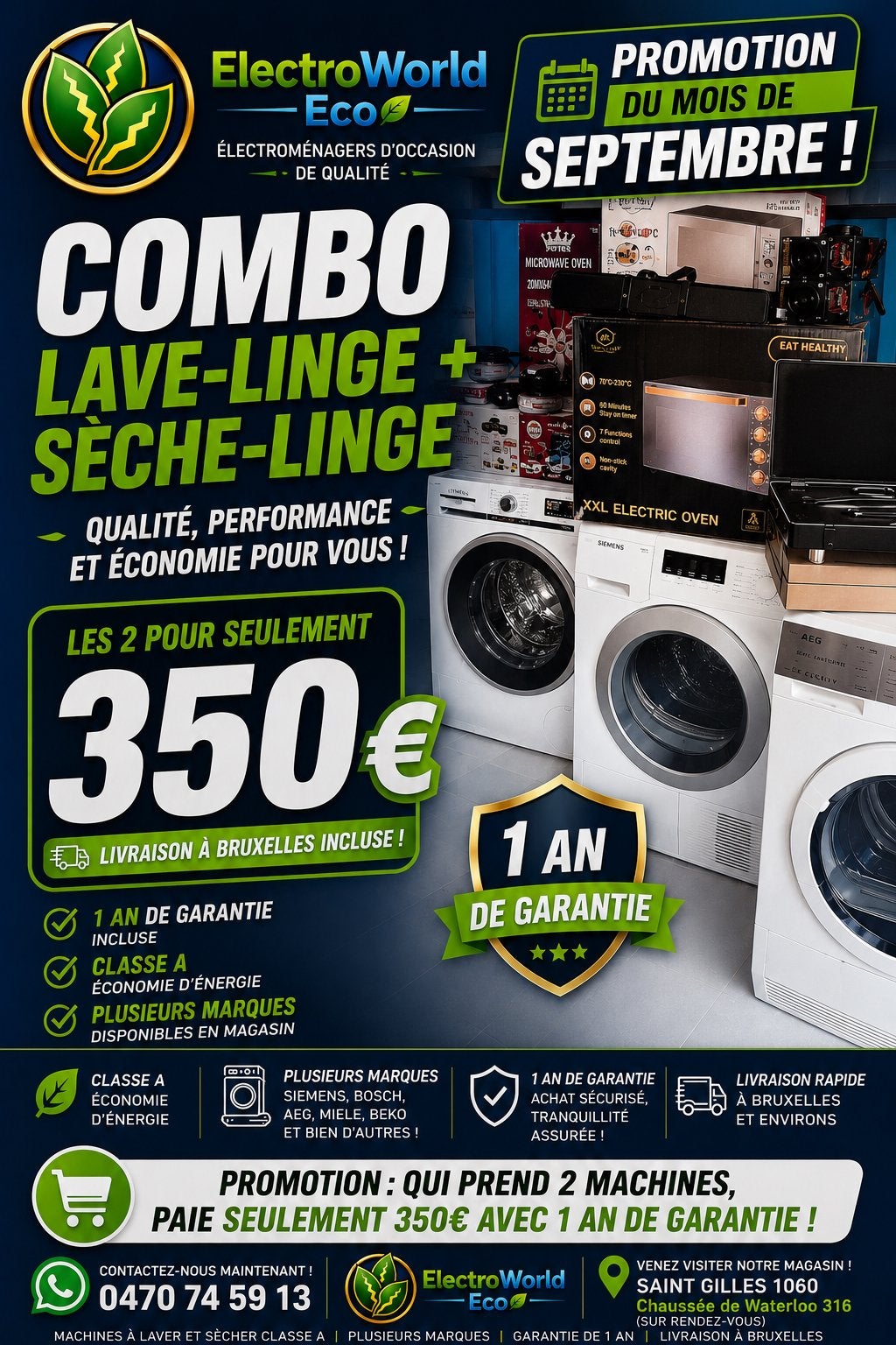 PROMO SEPTEMBRE – Lave-linge + Sèche-linge 350€, Ophalen, Zo goed als nieuw