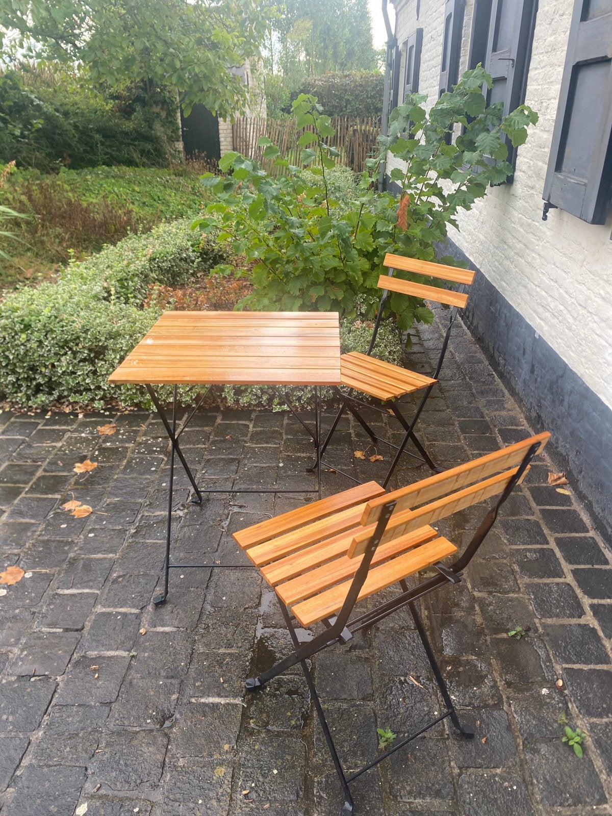 Terras tafeltje en stoelen met TEAK hout, Ophalen, Zo goed als nieuw, Hout