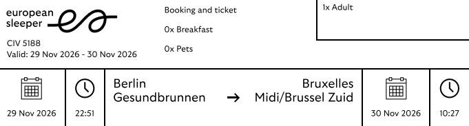 European Sleeper - Berlin > Bruxelles dimanche 29 novembre, Tickets en Kaartjes, Trein, Bus en Vliegtuig, Eén persoon, Trein, Met bestemming of datum