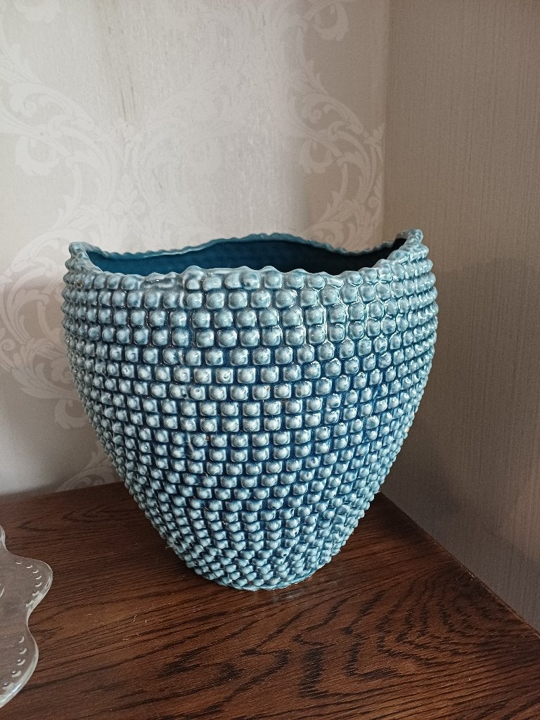 Grote blauwe bloempot (binnenhuis), Tuin en Terras, Bloempotten, Gebruikt, Binnen, 40 tot 70 cm, Ophalen