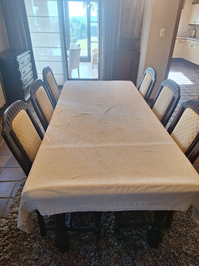 Eetkamer: tafel, 6 stoelen, 2 kasten en spiegel, Ophalen, Gebruikt