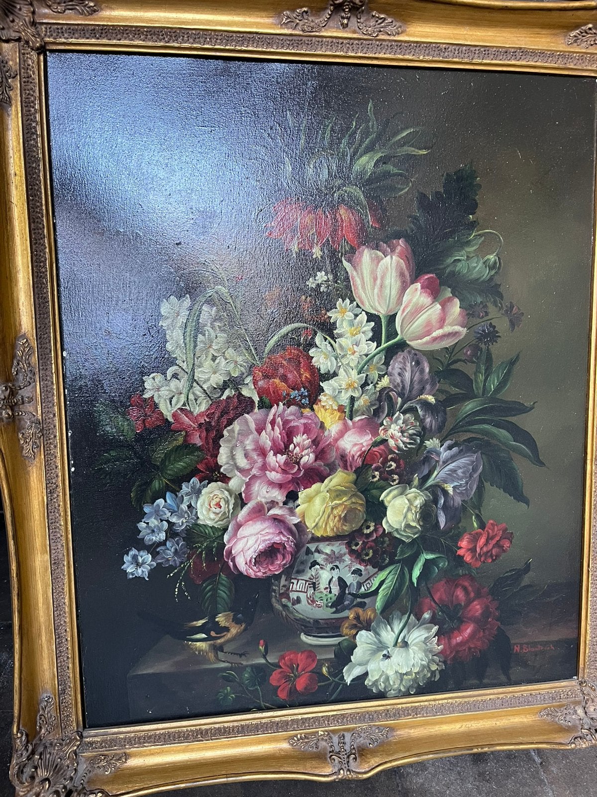 Tableau- Style Flamand / Hollandais - Signé N. Blontrock, Antiquités & Art, Enlèvement, Signé, Nature morte, Toile