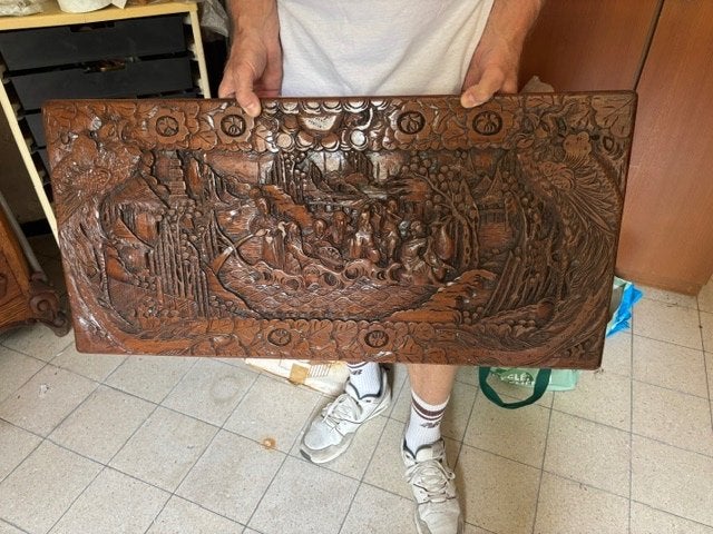 Panneau de décoration en bois sculpté d'Asie, Antiquités & Art, Autres styles, Bois, Brun, 50 - 100 cm