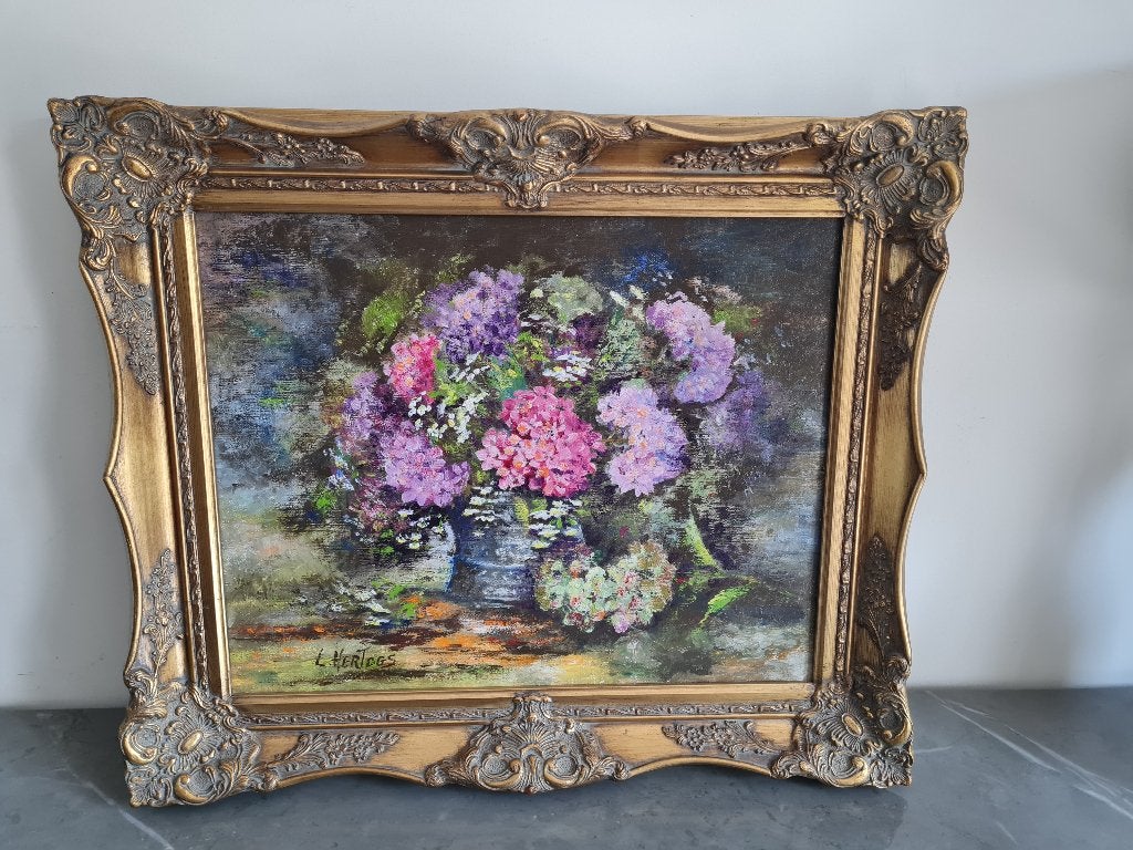 Prachtig schilderij op doek in antieke kader : stilleven, Antiek en Kunst, Ophalen of Verzenden, Stilleven, Doek
