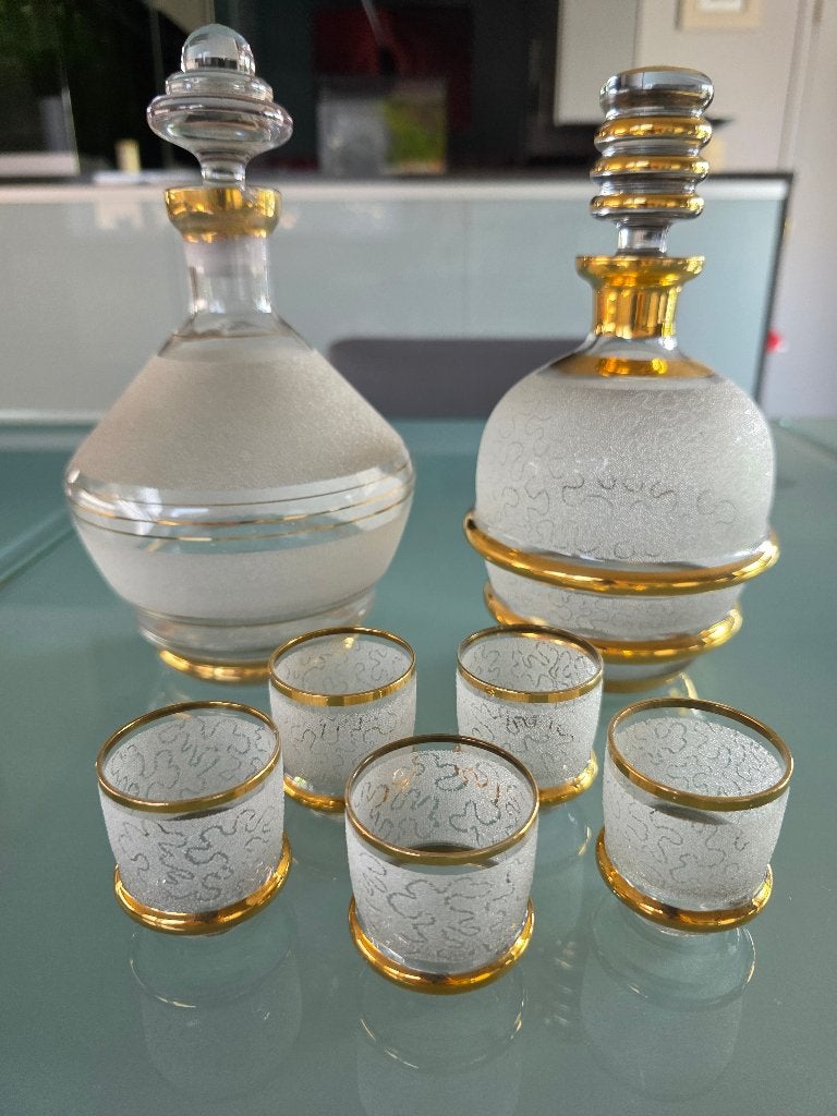 Vintage Luxe Likeurset / Karafset Matglas met Gouddecor., Ophalen
