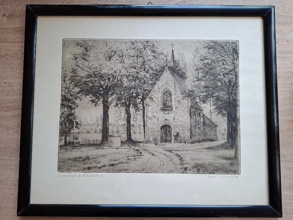 Ets “Kruiskapel te Eksaarde” – Romain Malfliet – 7/100, Antiek en Kunst, Ophalen, Ets, Landschap, 38 cm
