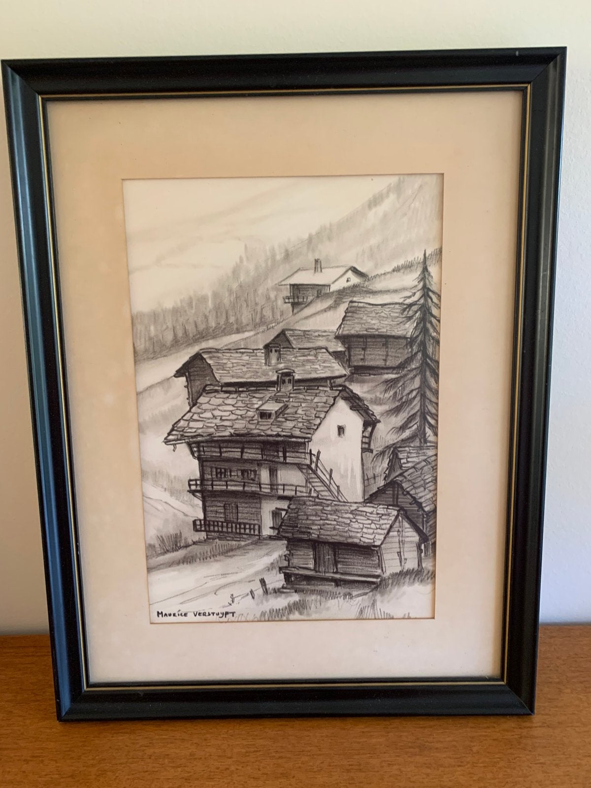 Potloodtekening bergdorp, Antiquités & Art, Enlèvement, Dessin, Dessin au crayon, Sous verre