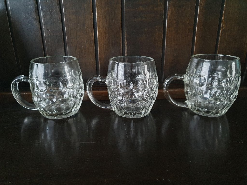 3 grote en 1 kleine oude glazen bierkruik, Ophalen of Verzenden, Zo goed als nieuw, Bierglas