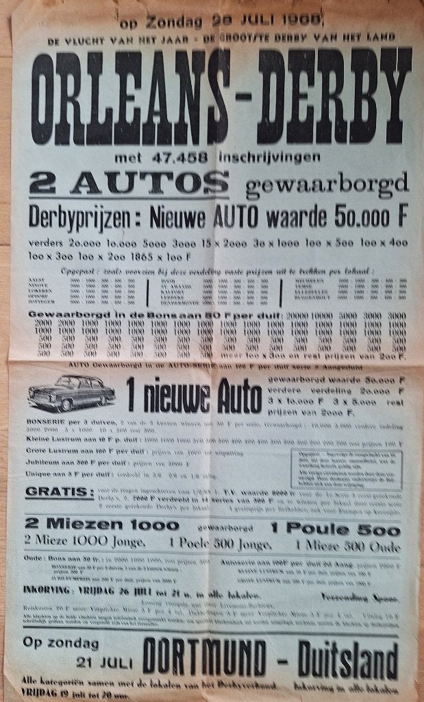 oude affiche duivenvlucht ORLEANS DERBY grootste vlucht, Verzamelen, Ophalen of Verzenden, Gebruikt, A1 t/m A3, Rechthoekig Staand