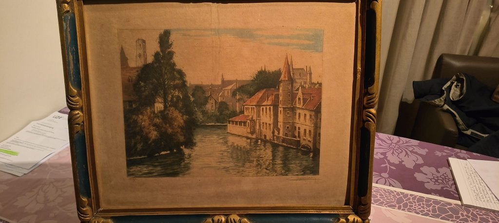 Oude Ets met zicht op de Brugse Rijen, Antiquités & Art, Art | Eaux-fortes & Gravures, Eau-forte, Signé, Avec passe-partout, Vue urbaine
