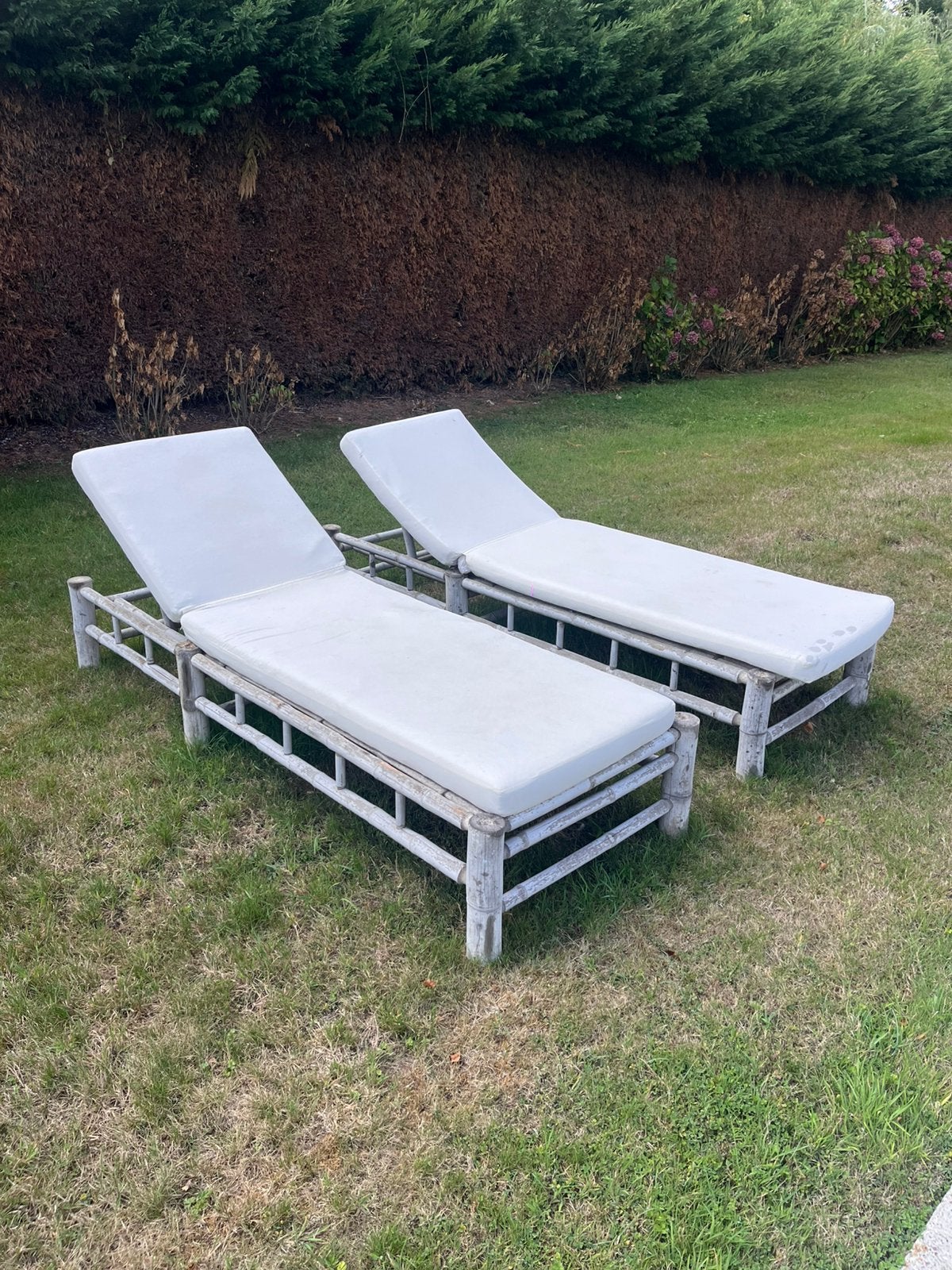 2 ligstoelen bamboe met kussen, Ophalen, Gebruikt, Overige materialen, Verstelbaar