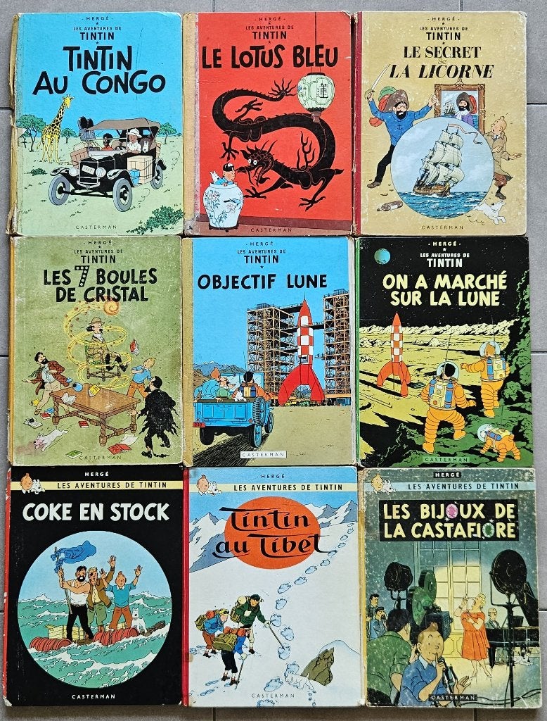 Lot de 9 albums anciens de Tintin (1947-1970) à restaurer, Livres, Enlèvement, Utilisé, Herge