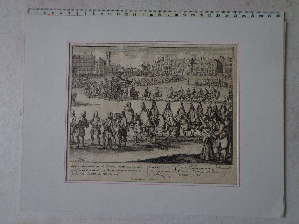 18de eeuwse prent Adolf van der Laan Kroning van Karel VI, Antiek en Kunst, Kunst | Etsen en Gravures, Gravure, Gesigneerd, Met tekst