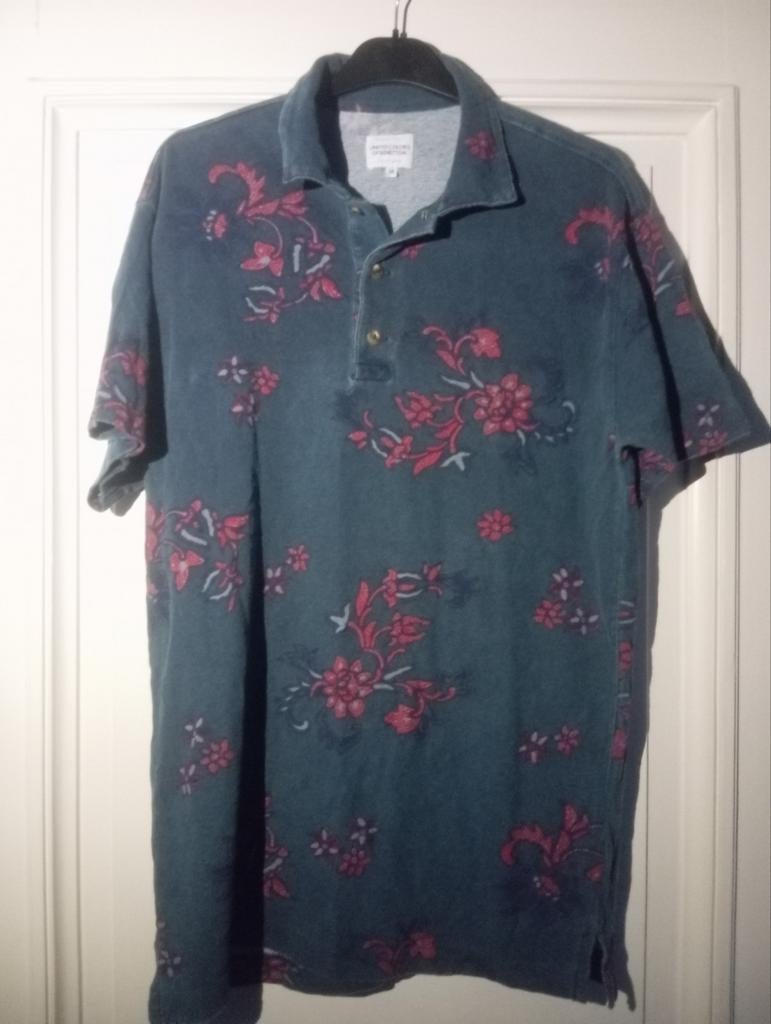 Benetton - grijsblauwe vintage polo met bladmotieven, M, Kleding | Heren, Ophalen of Verzenden