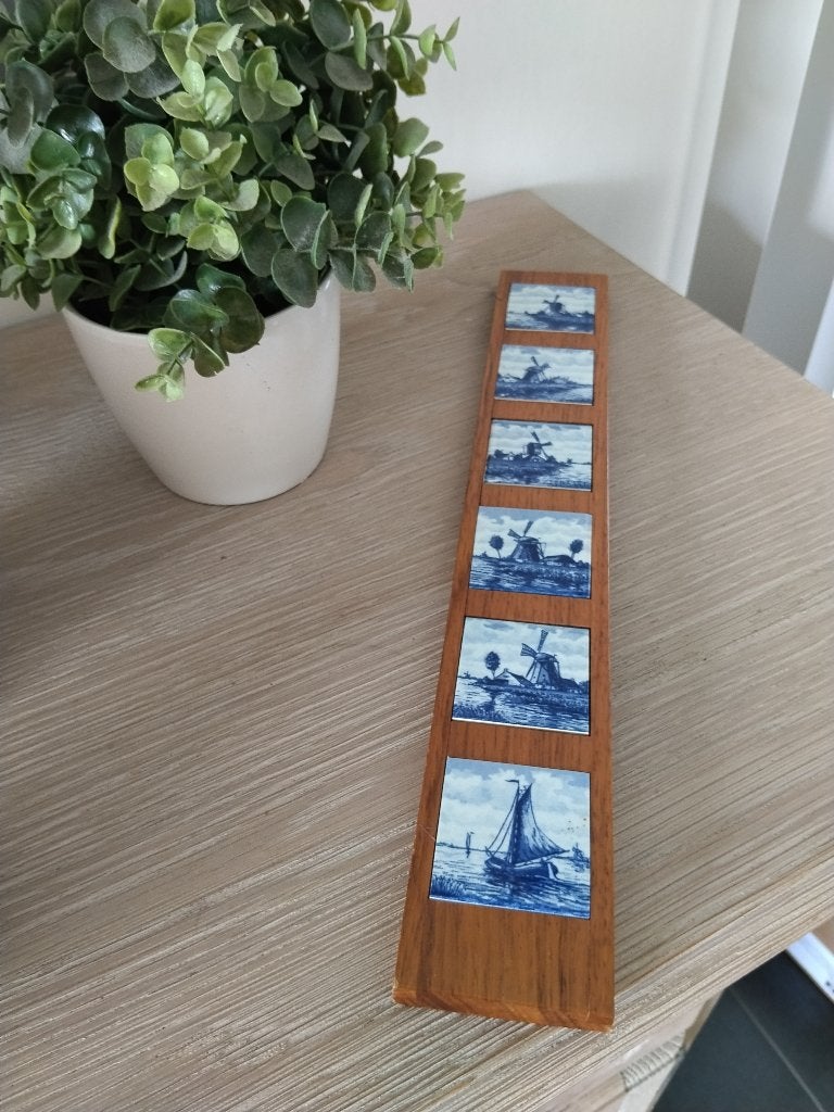 vintage houten wanddecoratie met keramische tegeltjes, Vintage, Ophalen of Verzenden, Zo goed als nieuw, Hout