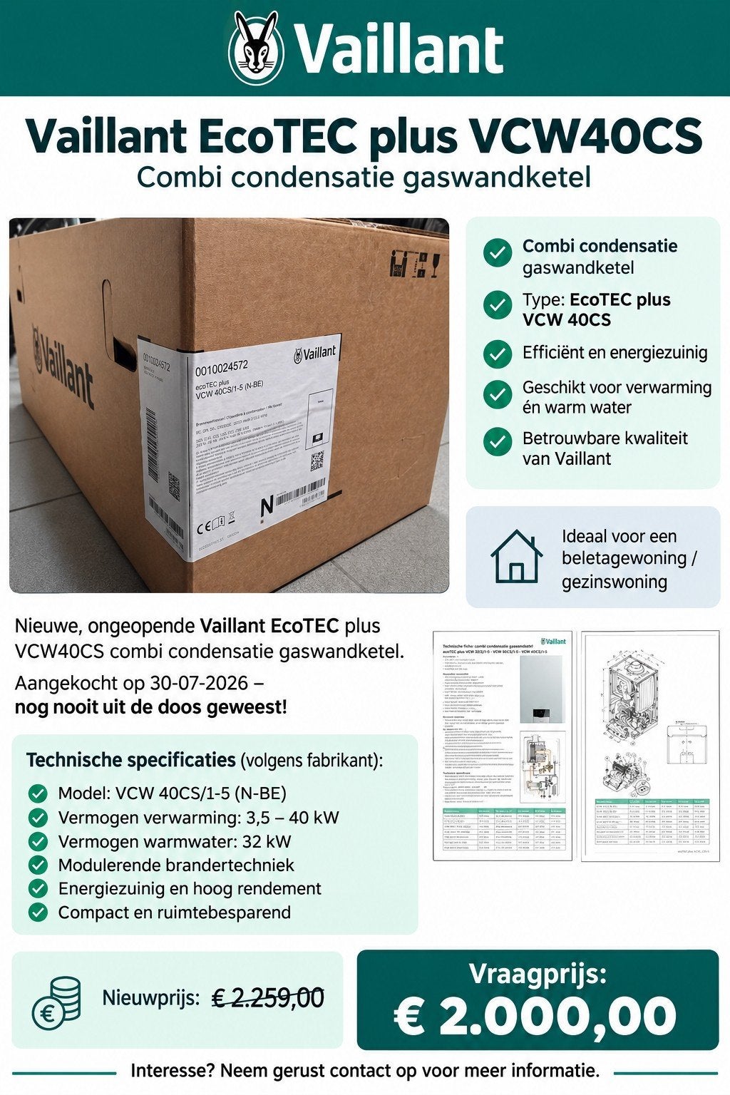 NIEUW! Vaillant ecoTEC plus VCW 40CS – 40 kW combiketel, Ophalen, Nieuw, Aardgas