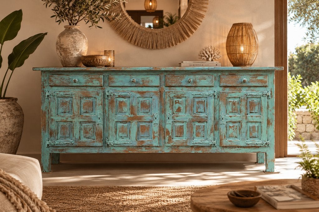 Boho India Ibiza verweerd groen dressoir, Gebruikt, Met lade(s), Shabby verweerd india ibiza bohemian, Ophalen of Verzenden