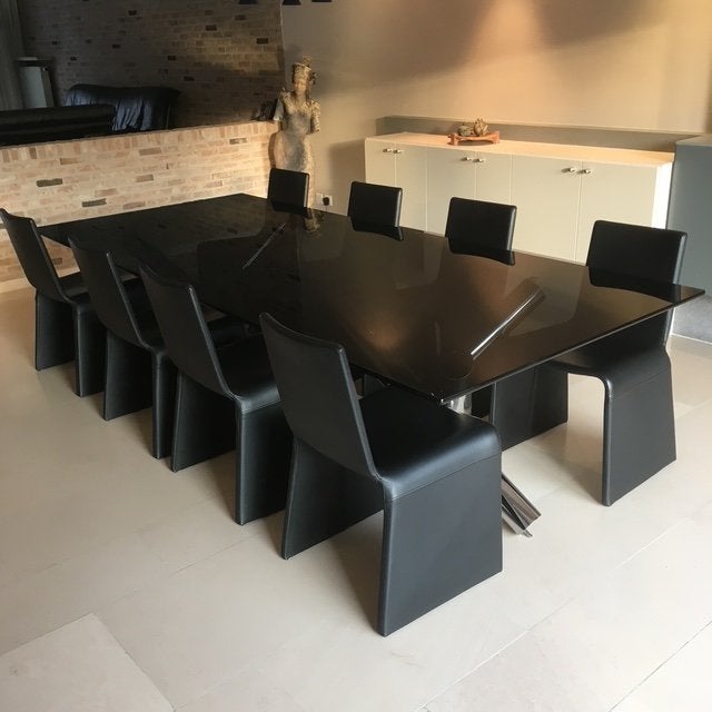 Eettafel Minotti Van Dyck met 8 lederen porada stoelen, Ophalen, 100 tot 150 cm, Design, 200 cm of meer