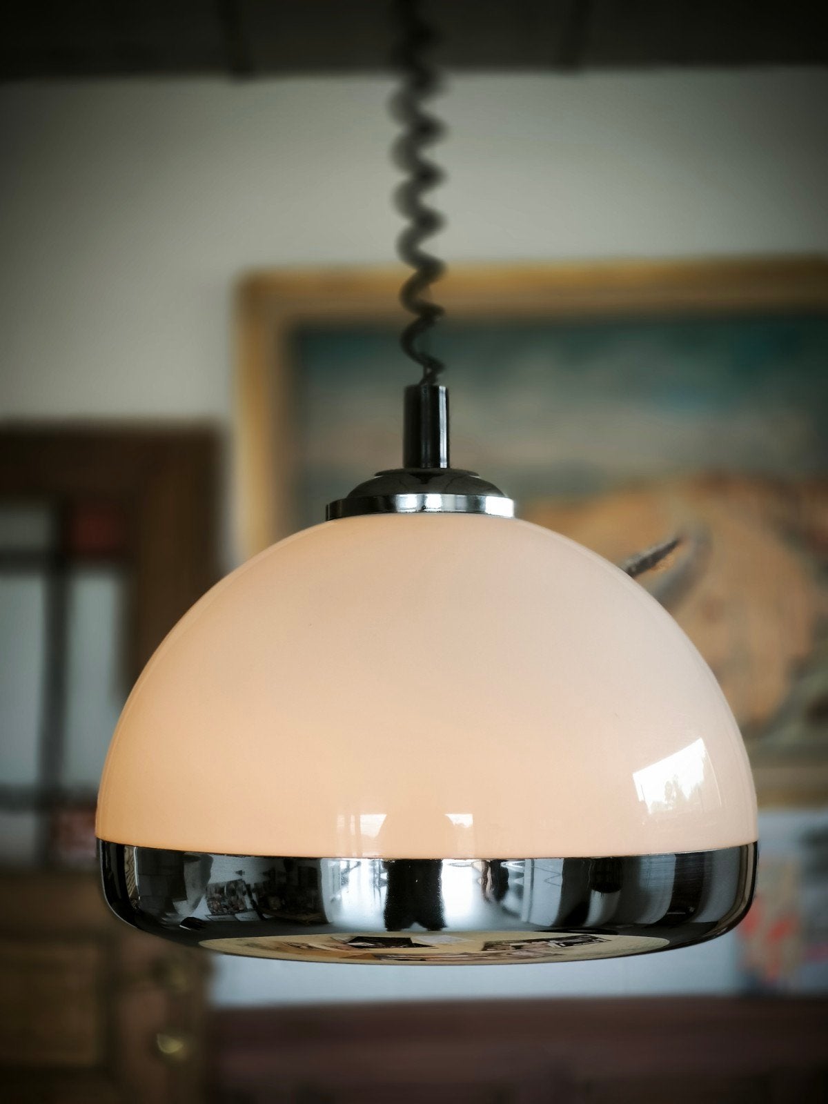 Lampe suspension Space Age abat jour plexiglas avec chrome, Enlèvement ou Envoi, Comme neuf, Vintage, E27 (grand)