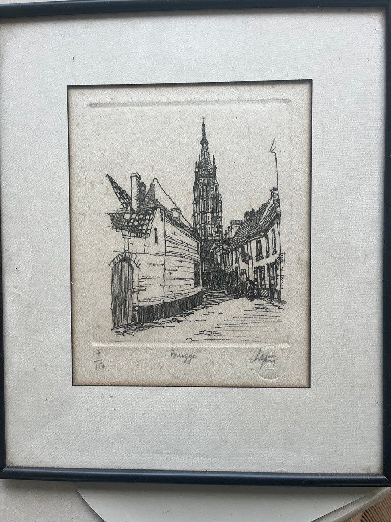 Originele gesigneerde en genummerde ets, Oud Brugge, ingelij, 33 cm, Genummerd, Stadsgezicht, Ophalen of Verzenden