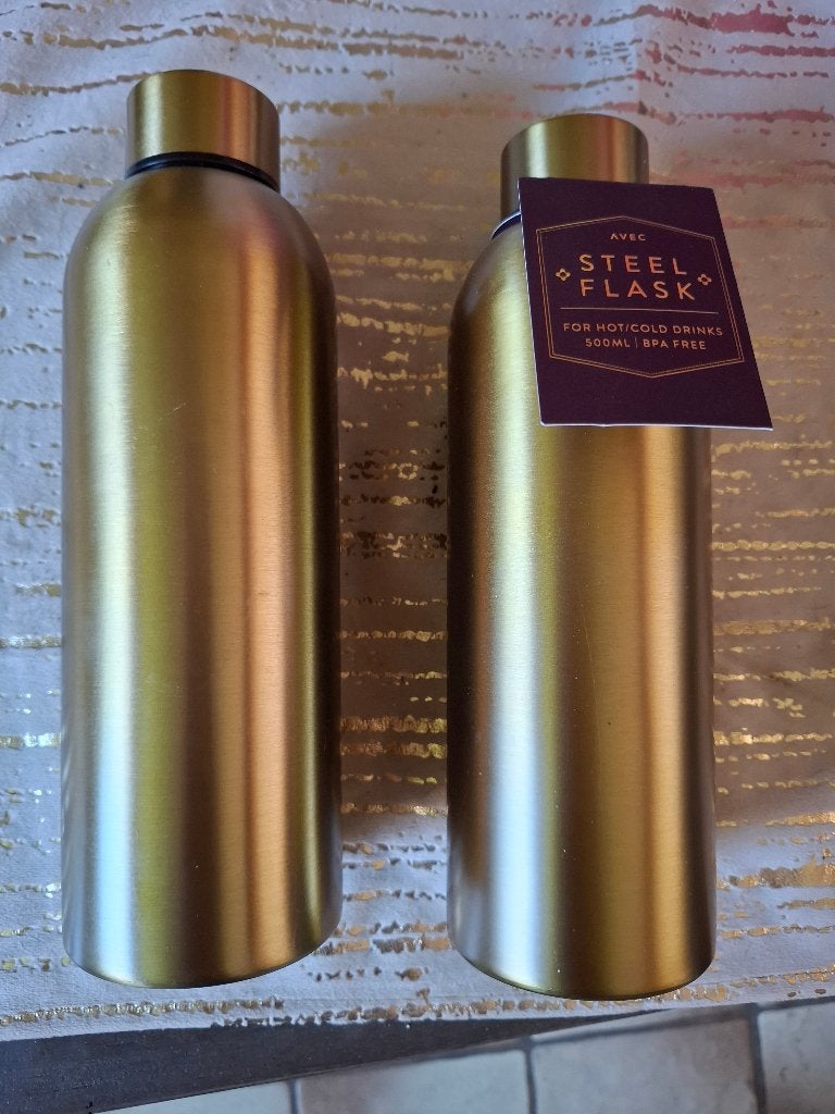 2 bouteilles thermos dorées neuves, Sport en Fitness, Drinkbussen, Ophalen, Nieuw