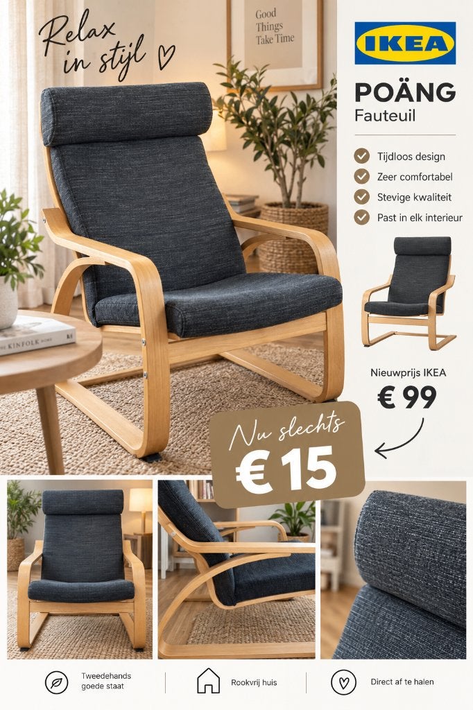 🔥 IKEA POÄNG fauteuil – €99 nieuw – NU SLECHTS €15!, Maison & Meubles, Chaises, Gris, Enlèvement, Bois, Une
