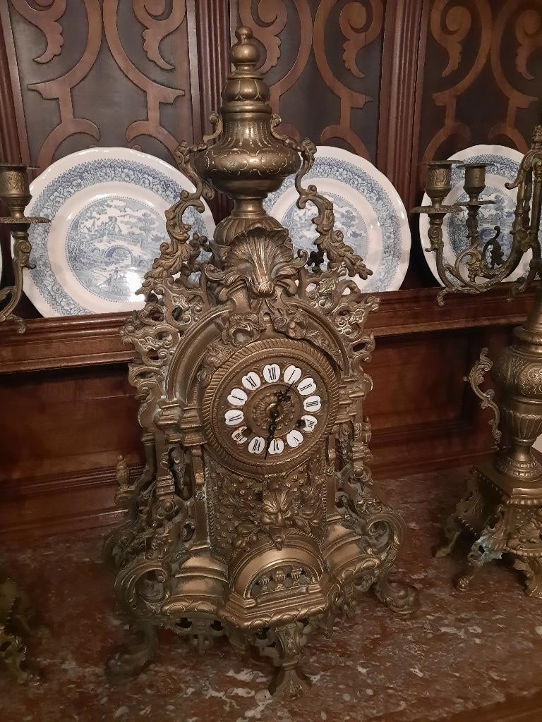 Antieke bronzen klok + kandelaars, Antiek en Kunst, Ophalen