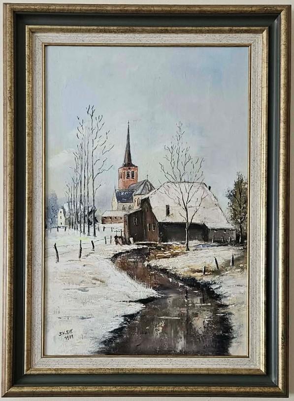 Schilderij  Neermolen + Kerk Neeroeteren, Antiek en Kunst, Ophalen