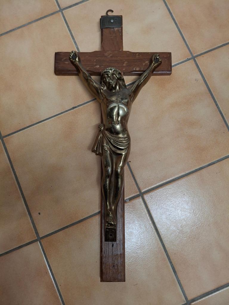 Vintage Kistkruisbeeld Jaren 50 – Messing & Massief Hout, Antiek en Kunst, Antiek | Religieuze voorwerpen, Ophalen of Verzenden