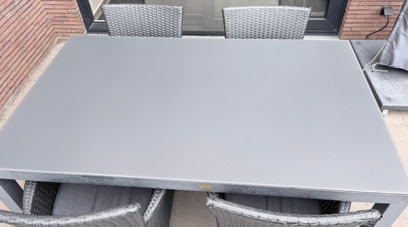 Grijze tuinmeubelset (tafel + 4 rotan stoelen), Jardin & Terrasse, Ensembles de jardin, Enlèvement, Comme neuf, Rotin