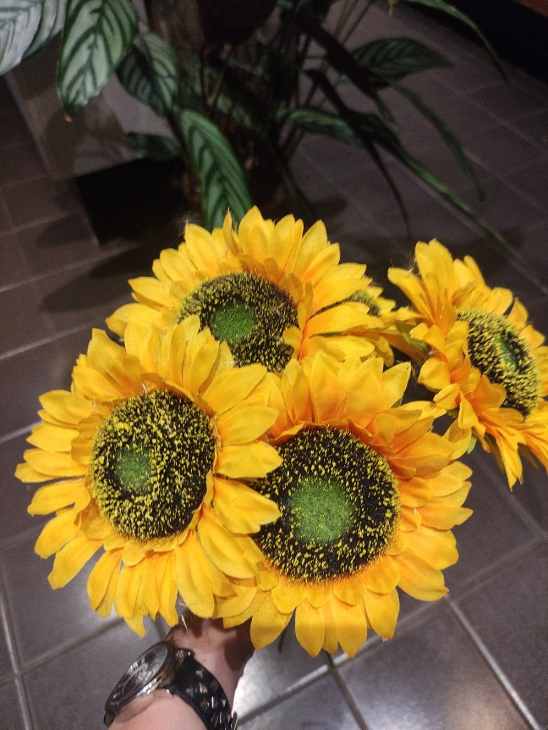 Namaak zonnebloemen, bloemetjes bouquet, Kunststof, Ophalen of Verzenden, Geel, Klassiek