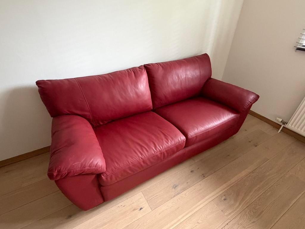lederen Bordeaux rood slaapbank / zetelbed – 210 cm, Huis en Inrichting, Ophalen, Gebruikt, 90 cm, 210 cm