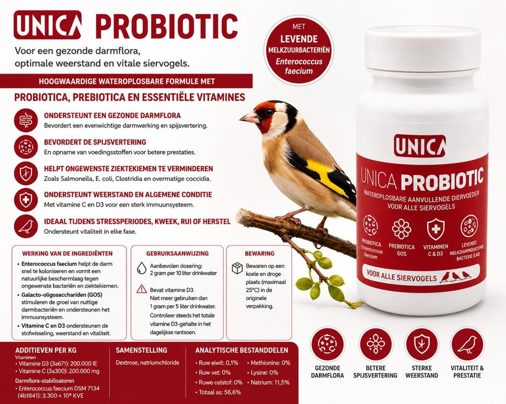 Unica Probiotic Vit C + D3 - 50 Gram (wateroplosbaar) 2g/10L, Dieren en Toebehoren, Vogels | Toebehoren, Ophalen