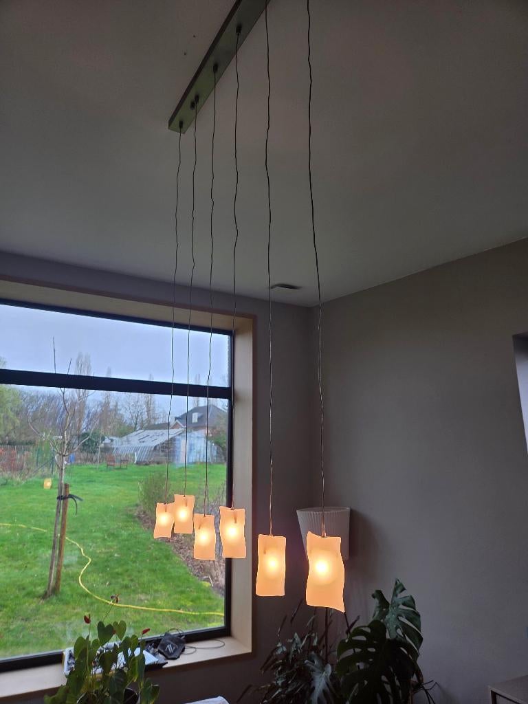 Hanglamp voor boven tafel. 6 spots, Ophalen, 50 tot 75 cm, Nieuw, Glas