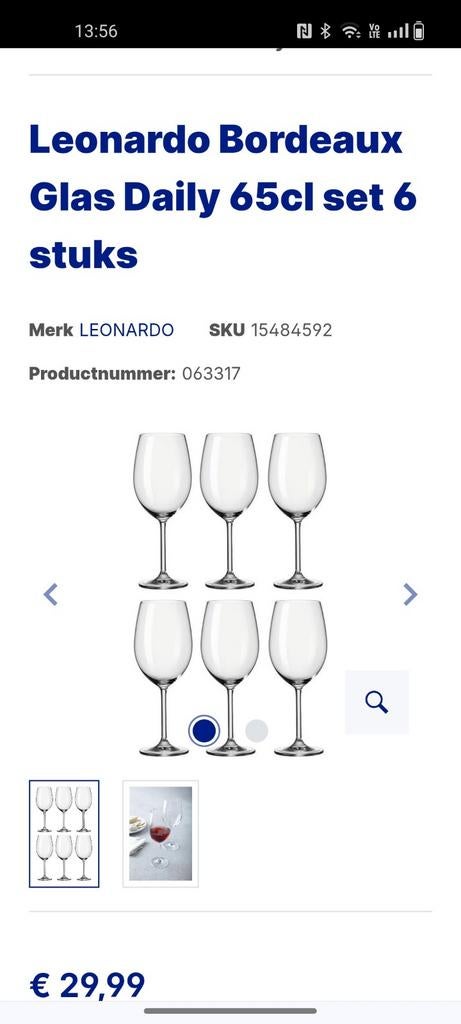 6 Leonardo Bordeaux wijnglazen 65 ml, Huis en Inrichting, Keuken | Servies, Ophalen