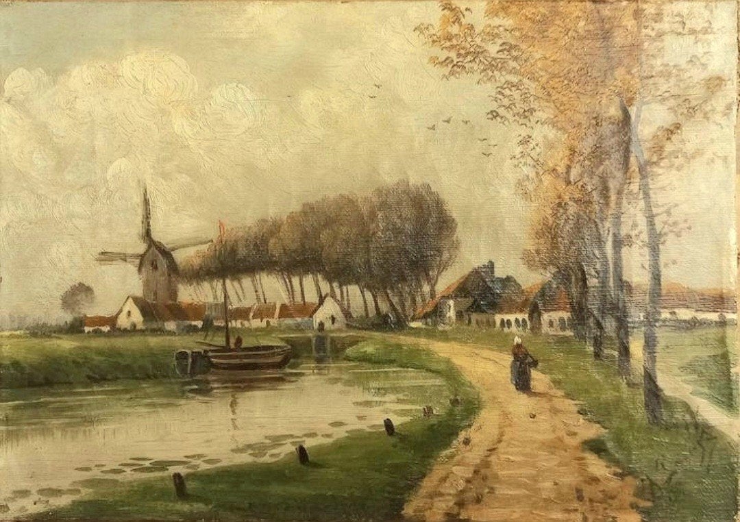 Paysage. Peinture ancienne. Huile sur toile
