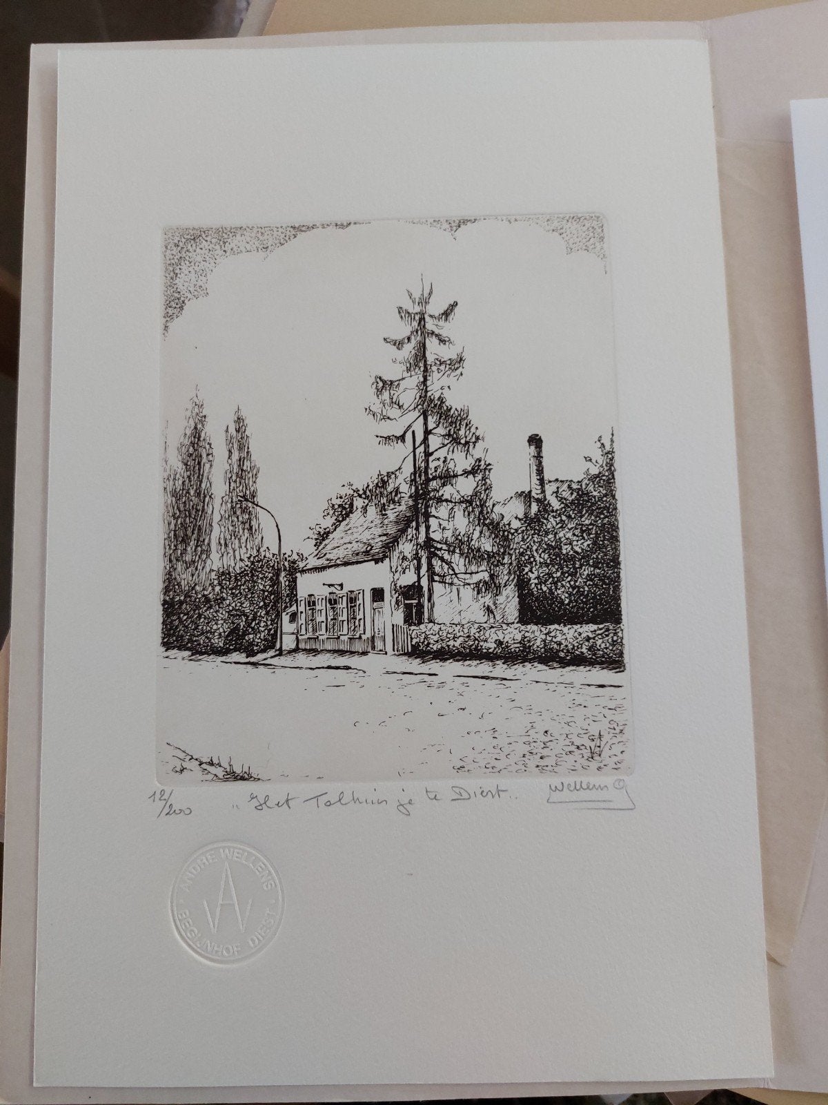 Ets uit atelier van Andre Wellens, ´tolhuisje te Diest´, Antiek en Kunst, Kunst | Etsen en Gravures, Ophalen, Genummerd, 30 cm