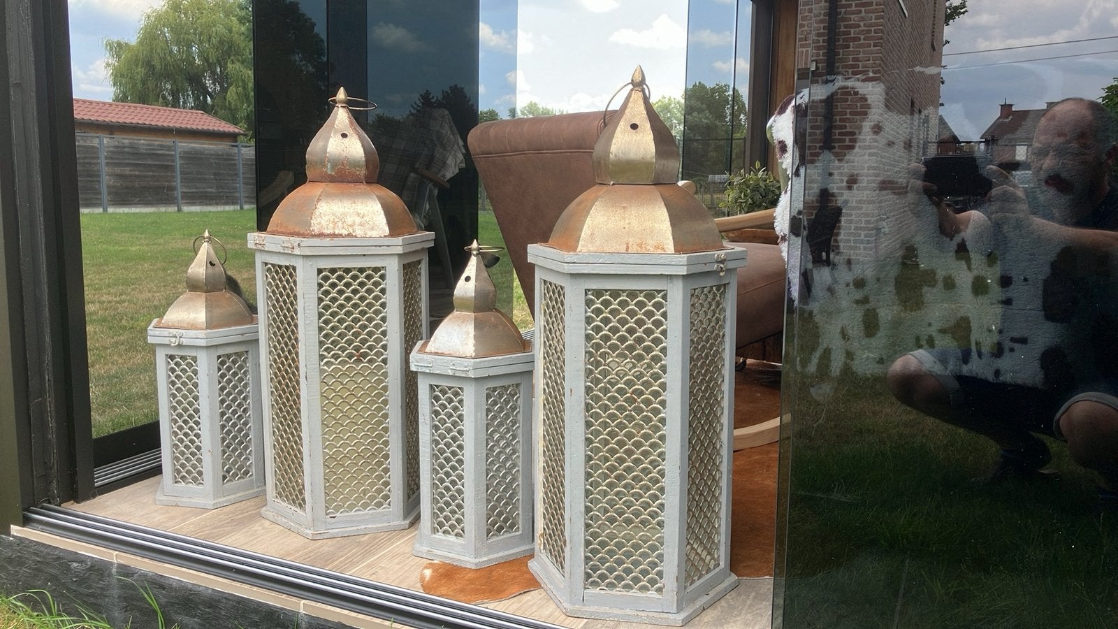 4 windlichten 2 grote 2 kleiner zware uitvoering met glas, Ophalen, Glas