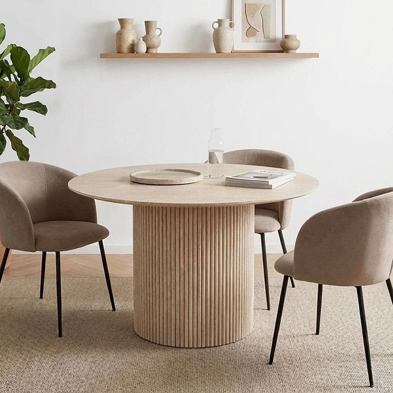 Lagos ronde eettafel – Travertin Look – NIEUW / OUTLET, Huis en Inrichting, Ophalen, Rond, Nieuw, Modern / Japandi
