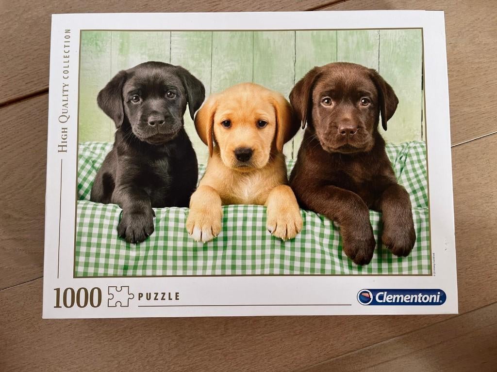 3 labradors puzzel, Hobby en Vrije tijd, Denksport en Puzzels, Ophalen of Verzenden, 500 t/m 1500 stukjes, Zo goed als nieuw, Legpuzzel