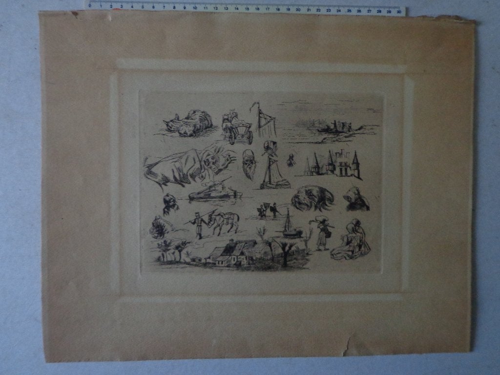 Originele ets van Edgar Baes uit 1875 "Diverse schetsen", Antiek en Kunst, Ophalen of Verzenden, Ets, Gesigneerd, 1800 - 1899