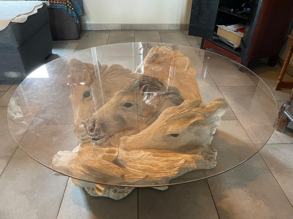 Table de salon Vintage Des Années 1980 Avec Têtes De Cheval, Vintage, Enlèvement, Utilisé, Verre